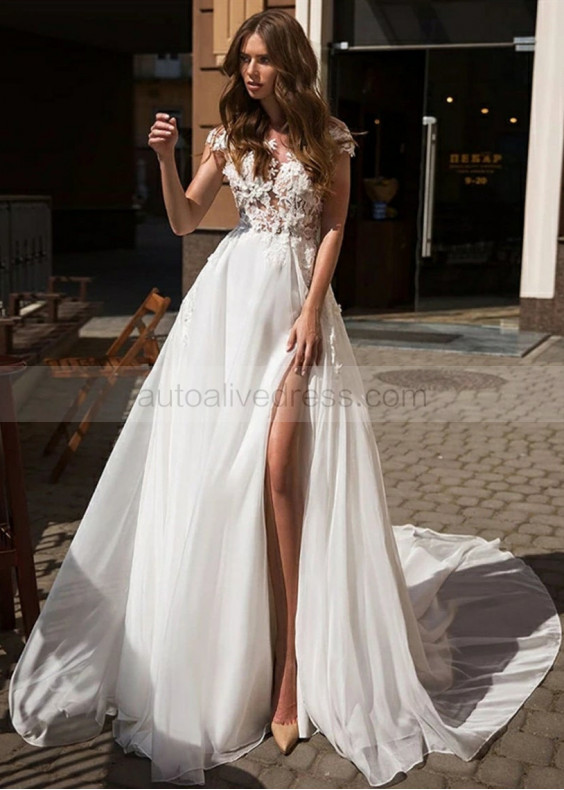Ivory Lace Chiffon Side Slit Summer Beach Wedding Dress